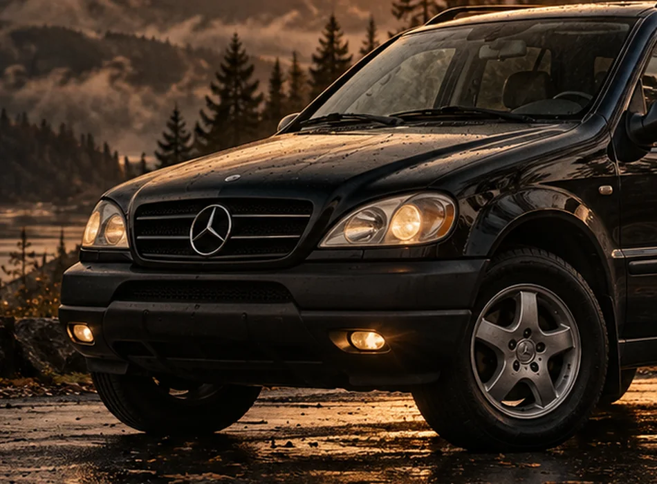 Художественная визуализация первого Mercedes-Benz ML W163 на закатной дороге